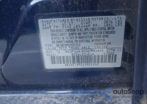 2018 Nissan Sentra Sv z USA, uszkodzony, nr VIN 3N1AB7AP5JY221512